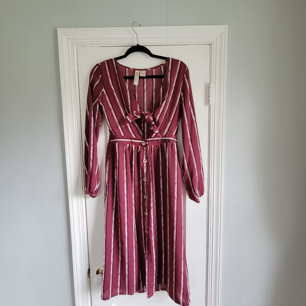 Mid length, rayon striped dress with tie, cutout button dress
